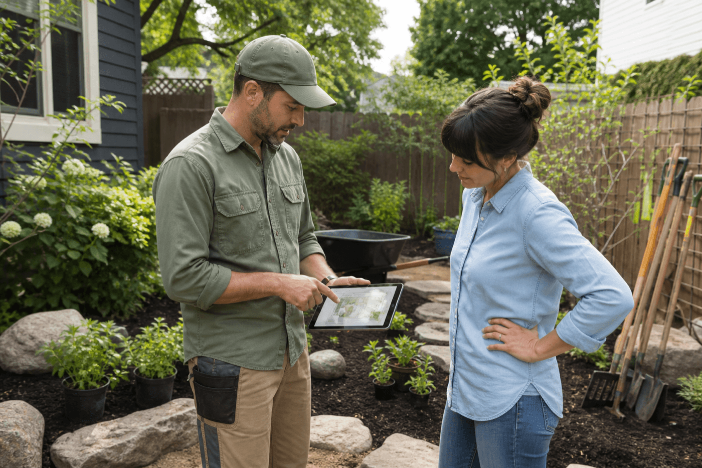 Landscaping professional reviewing a garden project with a homeowner
