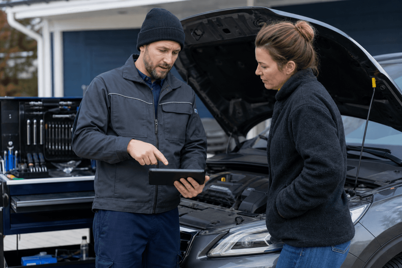 Mobile mechanic explaining a vehicle inspection to a customer