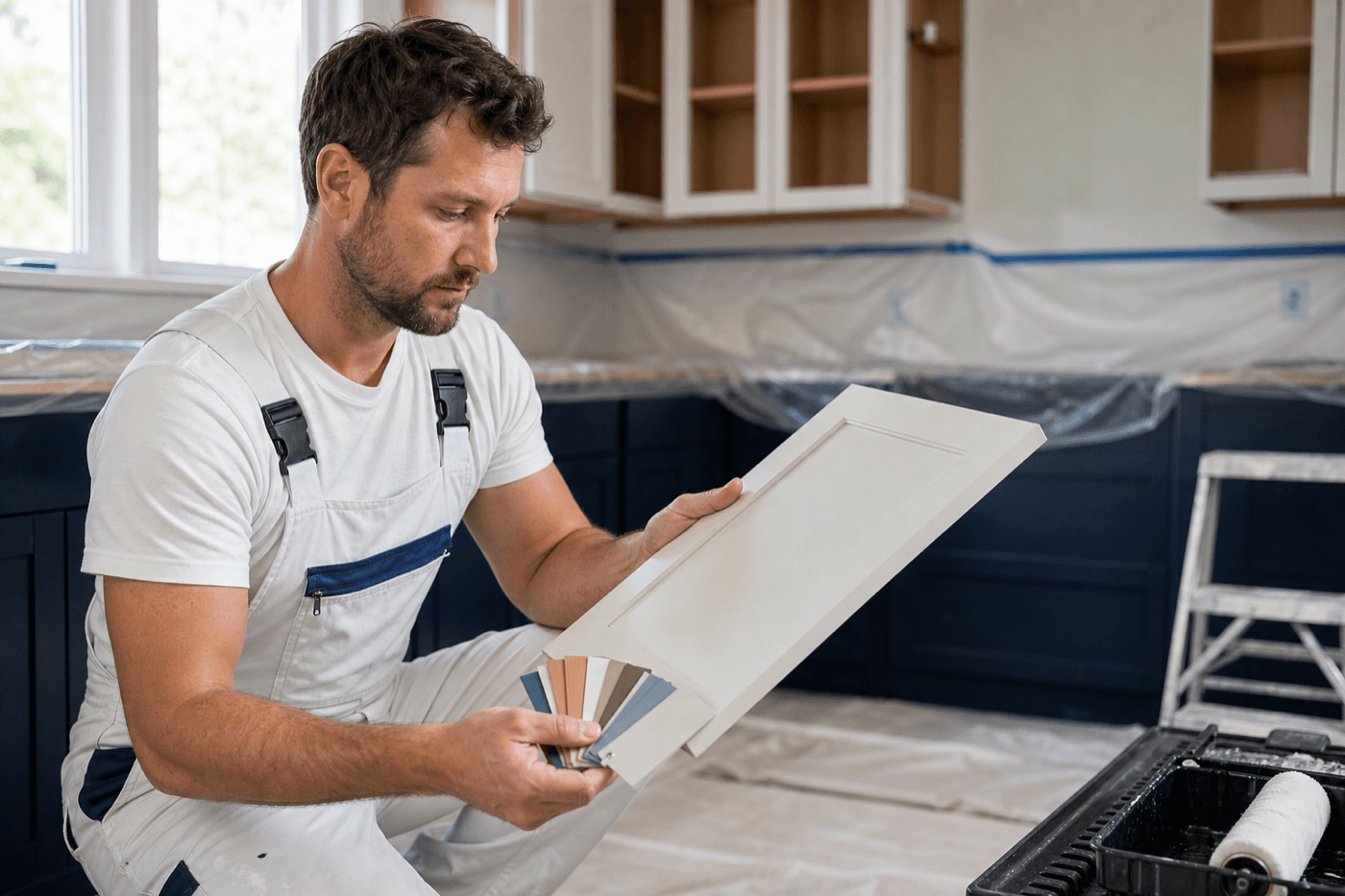 Cabinet refinisher inspecting a prepared cabinet door and finish colors